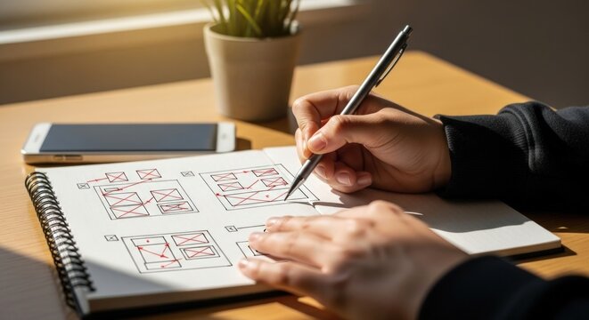 Designer sketching website wireframes on notebook with phone nearby in modern workspace