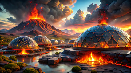Volcanic Plateau Eco Retreat With Geothermal Bio Domes In Futuristic Lava Landscape  