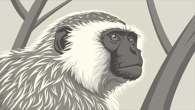 Stylized primate portrait grayscale illustration wildlife art monkey head close-up animal design jungle creature furry mammal nature illustration detailed drawing vector art grayscale m.