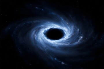 Black hole at center, swirling blue accretion disk.