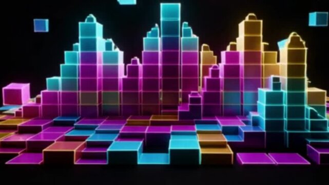 Digital Soundscape: A vibrant display of sound waves takes shape, depicted through an array of colorful blocks. It captures the essence of music, technology, and creative expression.