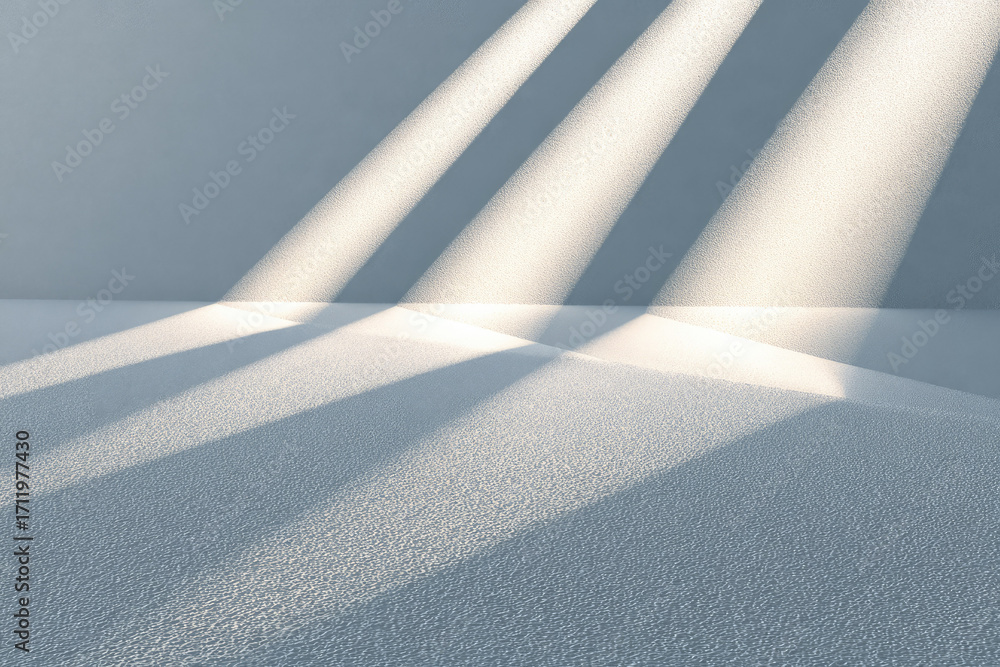 Poster soft sunlight beams cast dramatic shadows on textured white surface and wall, creating minimal abstr
