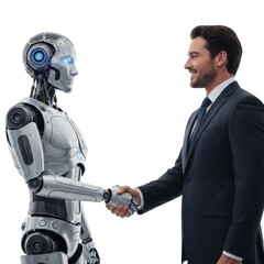 Human and robot shaking hands in partnership isolated on transparent background