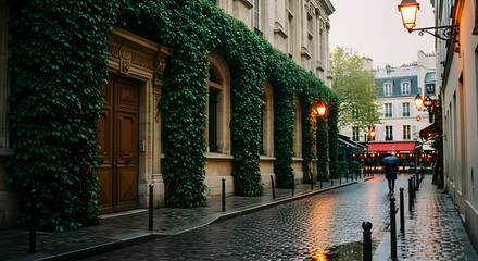 Obraz premium Rainy Day Stroll Paris Charming Architecture Ivy Covered Building