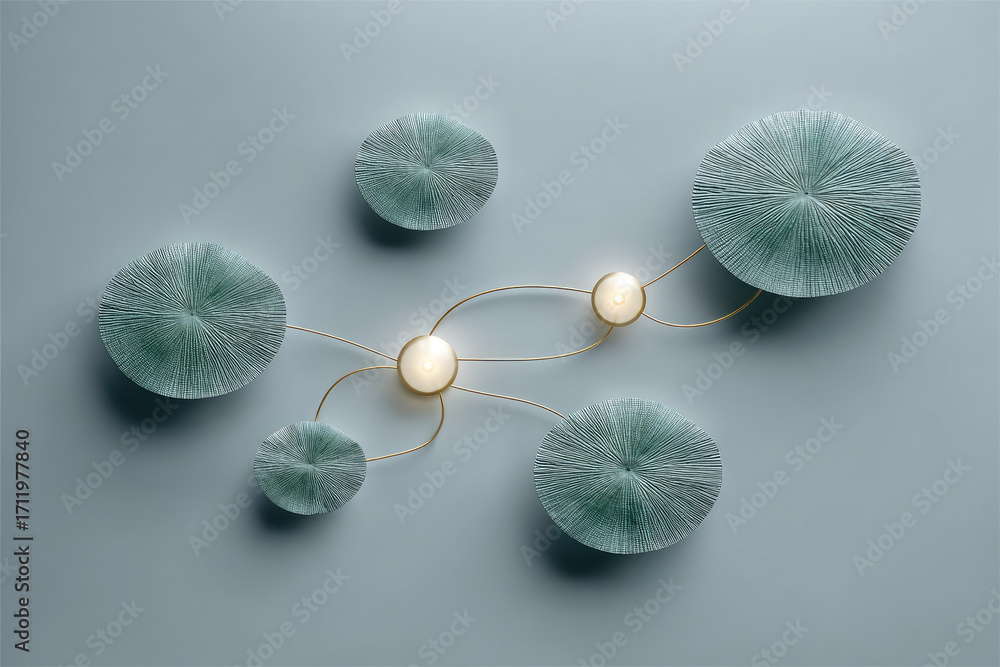 Poster minimal futuristic flat lay of floating plant nodes with abstract circular shapes and soft lighting,