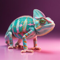Obraz premium Photorealistic chameleon with vibrant teal, pink and orange scales, spiky dorsal crest, large detailed eye on smooth surface with magenta-to-dark-purple gradient background, studio lighting