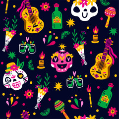 Mexican symbols for Day of Dead seamless pattern. Muertos skeleton skull. Guitar and maracas. Tequila bottle. Flowers bouquet. Repeated black print. Catrina carnival. Vector background