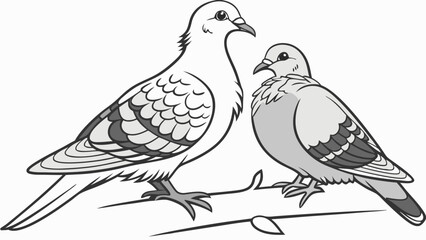 Fototapeta premium Two Doves Perched on a Branch Elegant Black and White Illustration.