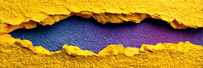 Torn yellow paper with a rough edge, revealing a purple and blue textured surface underneath. Abstract background for layering, discovery, and creative design.
