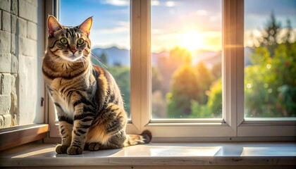 A tabby cat sits by a window at sunset
