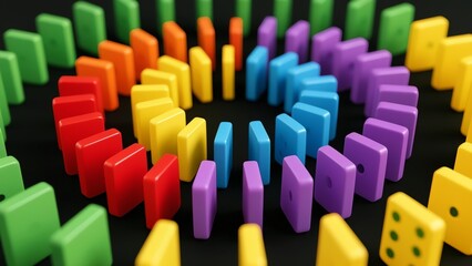 Obraz premium Photorealistic close-up of colorful dominoes (red, orange, yellow, green, blue, purple) in a spiral on black background, with adjusted saturation for yellow and green