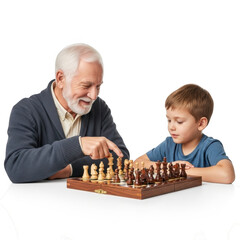 Grandfather and grandson happily playing chess together isolated on transparent background