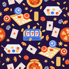 Gambling items. Roulette wheel. Playing poker cards. Gamble seamless pattern. Casino chips. Dices and token coins. Repeated print. Lottery and lotto numbered balls. Vector background