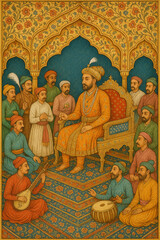 Indian mughal Art illustration, A grand Mughal emperor seated on a jeweled throne, surrounded by courtiers and musicians