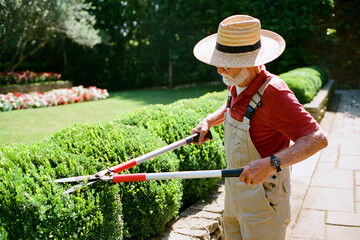 Gardener trimming topiary with shears in well-maintained garden, wearing gloves, apron, and surrounded by greenery.