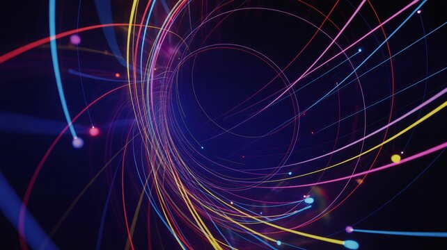 Dynamic light trails swirl in futuristic digital abstract tunnel