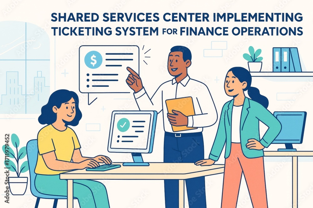 Poster shared services team discussing finance operations ticketing system in office with modern background