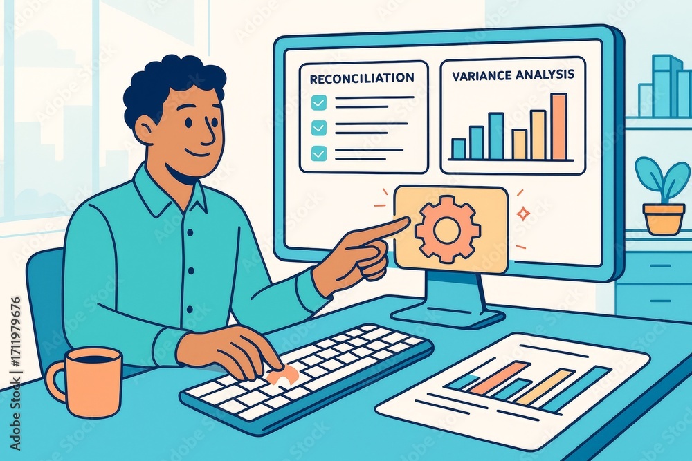 Poster businessman analyzing variance charts and reconciliation data on desktop in bright office with creat