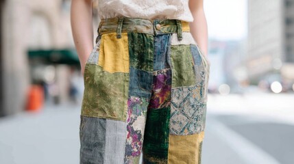 A model stands in high-waisted patchwork pants made from colorful recycled fabrics on a busy urban street