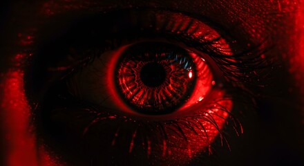 Futuristic Human Eye in Red Color with Digital Effects and Dark Background