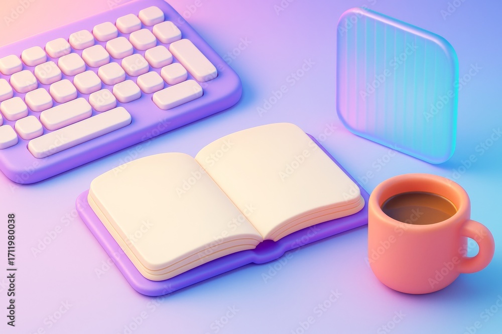 Poster open blank book, keyboard, and coffee cup on pastel background in minimal 3d style for workspace moc