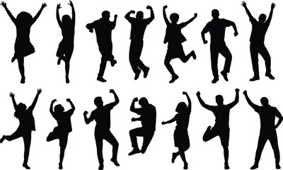 Silhouettes of happy people dancing, celebrating, jumping in joy, group of friends having fun, energetic movement, black vector art, party scene, freedom, happiness, excitement, active lifestyle