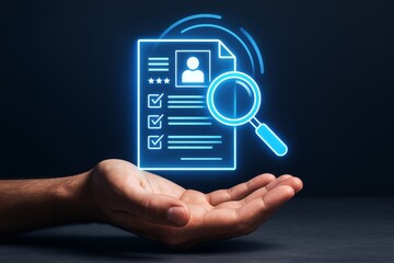 Glowing digital resume icon with magnifying glass hovering above open hand on dark background, symbolizing business recruitment and profile analysis.