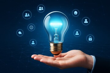 Hand holding glowing light bulb with digital business icons on dark background representing innovation and communication concept.