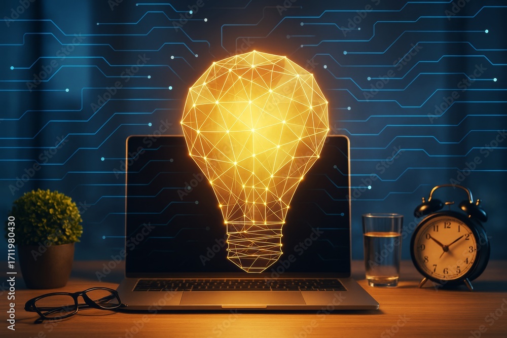 Poster glowing geometric light bulb floating above laptop symbolizing innovation and digital ideas in busin