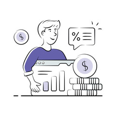 Investor analysis illustration showing report and financial market.