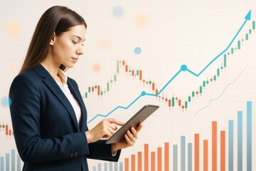Businesswoman analyzing digital financial data on tablet with stock market chart background and abstract light elements in business setting.