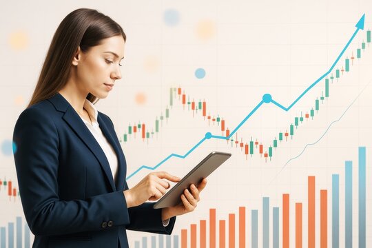 Businesswoman analyzing digital financial data on tablet with stock market chart background and abstract light elements in business setting.