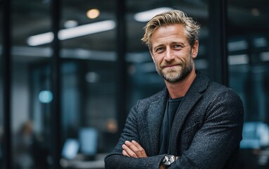 Confident ceo with beard standing in modern office with glass wall showcasing professionalism
