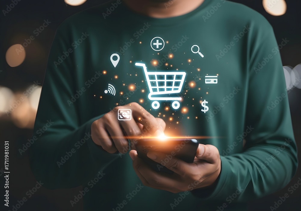 Poster person using a smartphone with shopping cart and icons floating above it in a dark background
