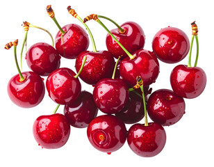 Fresh, ripe cherries with a glossy sheen, perfectly captured in a mouthwatering display. The vibrant red color and glistening texture invite the viewer to savor the sweetness