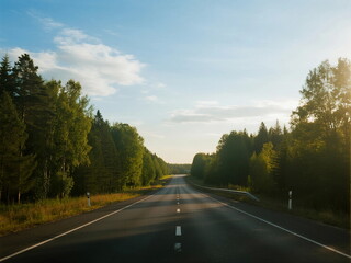 A peaceful road surrounded by lush green trees under a clear sky