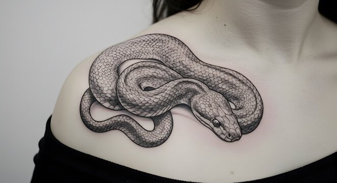 Black and Gray Snake Tattoo on Shoulder in Realistic Style - Powered by Adobe