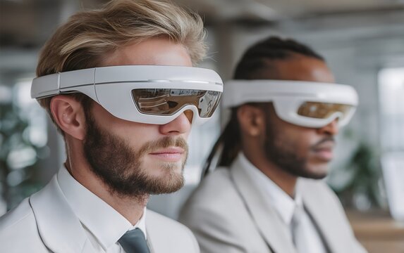 Two colleagues collaborating and sharing ideas while wearing augmented reality glasses in office