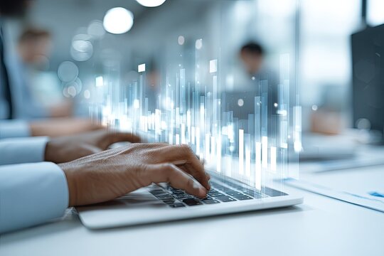 Data analysis and technology concept with hands on laptop keyboard.