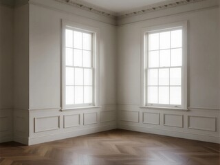 Empty room with two windows and wooden flooring