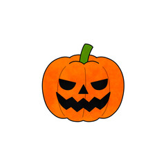 A hand-drawn colorful illustration of an angry-faced Halloween pumpkin (Jack-o'-lantern).