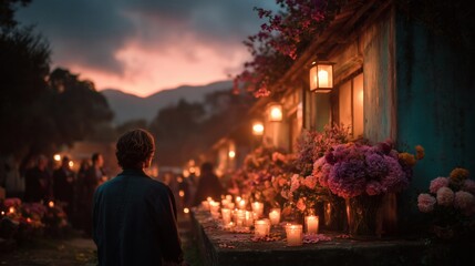 Fototapeta premium Man standing near altar decorated with candles and flowers during Day of the Dead celebration at cemetery.