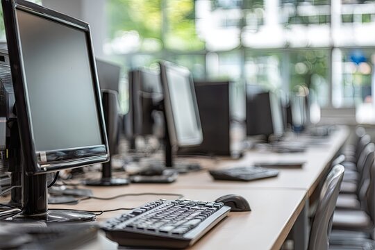 Computers lined up in a row in a modern office setting.