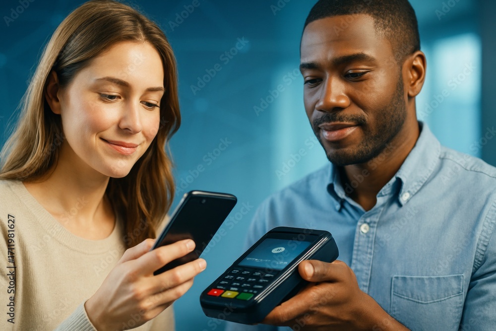 Poster woman using smartphone for contactless payment with man holding terminal device in modern business s