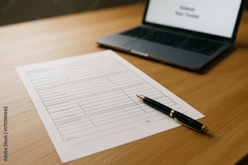 Poster blank business form with pen near laptop on wooden desk under soft light, concept of paperwork and o