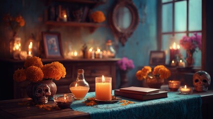 Mexican altar decorated with candles, marigold flowers, sugar skulls, books, and family photos for Day of the Dead celebration.