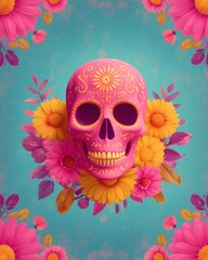 Fototapeta premium Vertical illustration of a pink decorative skull with bright flowers on a turquoise background, symbolizing Day of the Dead celebration.