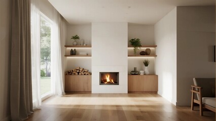 Modern living room with fireplace and natural light