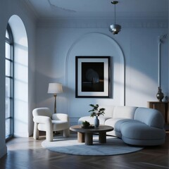 Modern Living Room with Arched Window and Curved Sofa