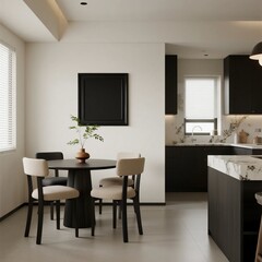 Modern minimalist dining room with black and white color scheme